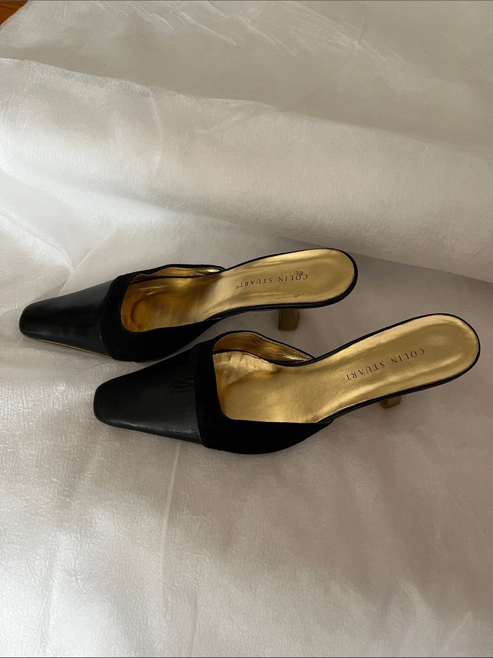 Colin Stuart Black Leather and Suede Slip-On Mule Heels with Gold Insole 8